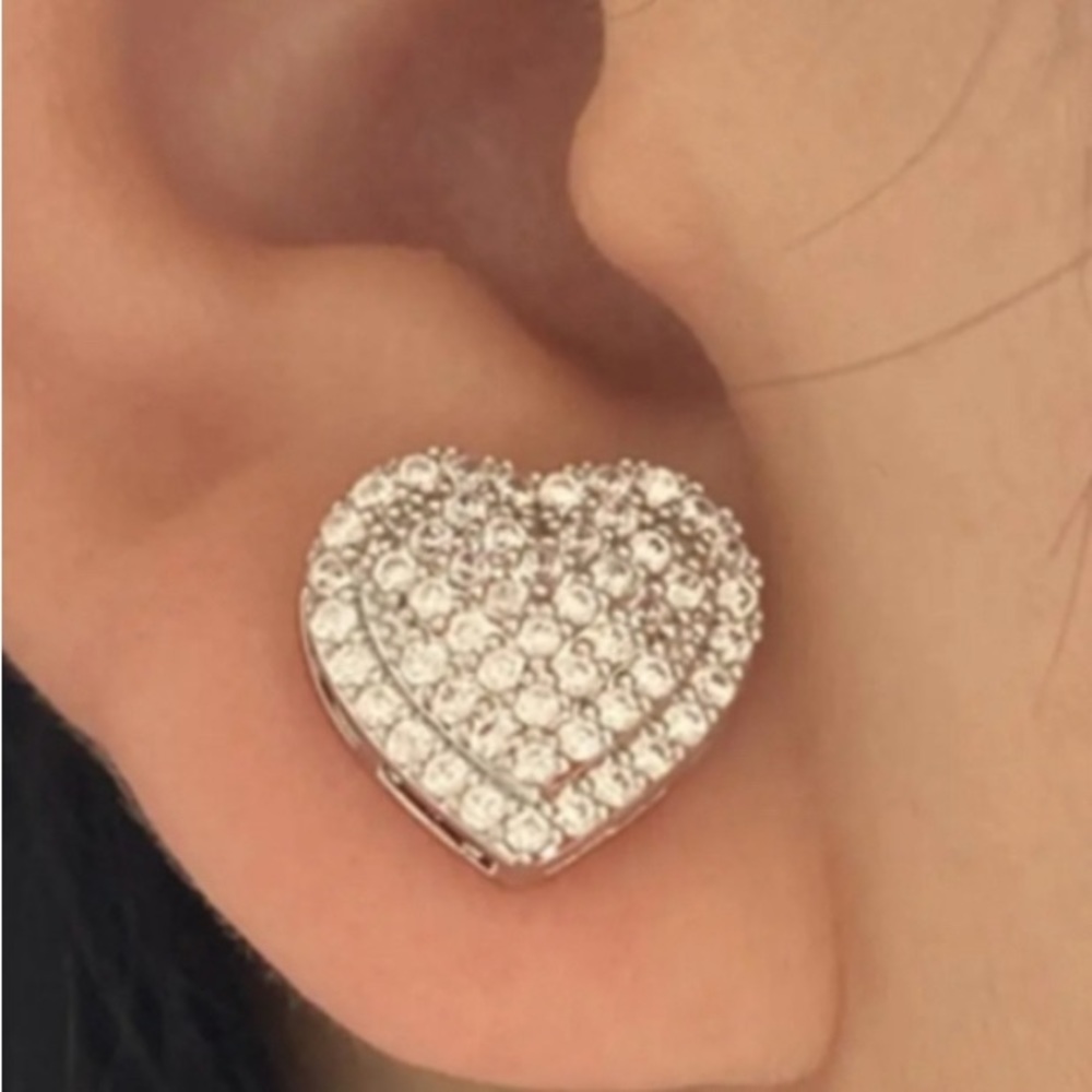 Silver Heart Cubic Zirconia Stud Earrings - Picture 2 of 4